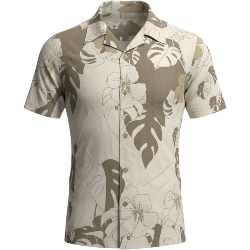 Cubavera Mens Tan Brown Tropical Hibiscus Monstera Floral Camp Shirt XL